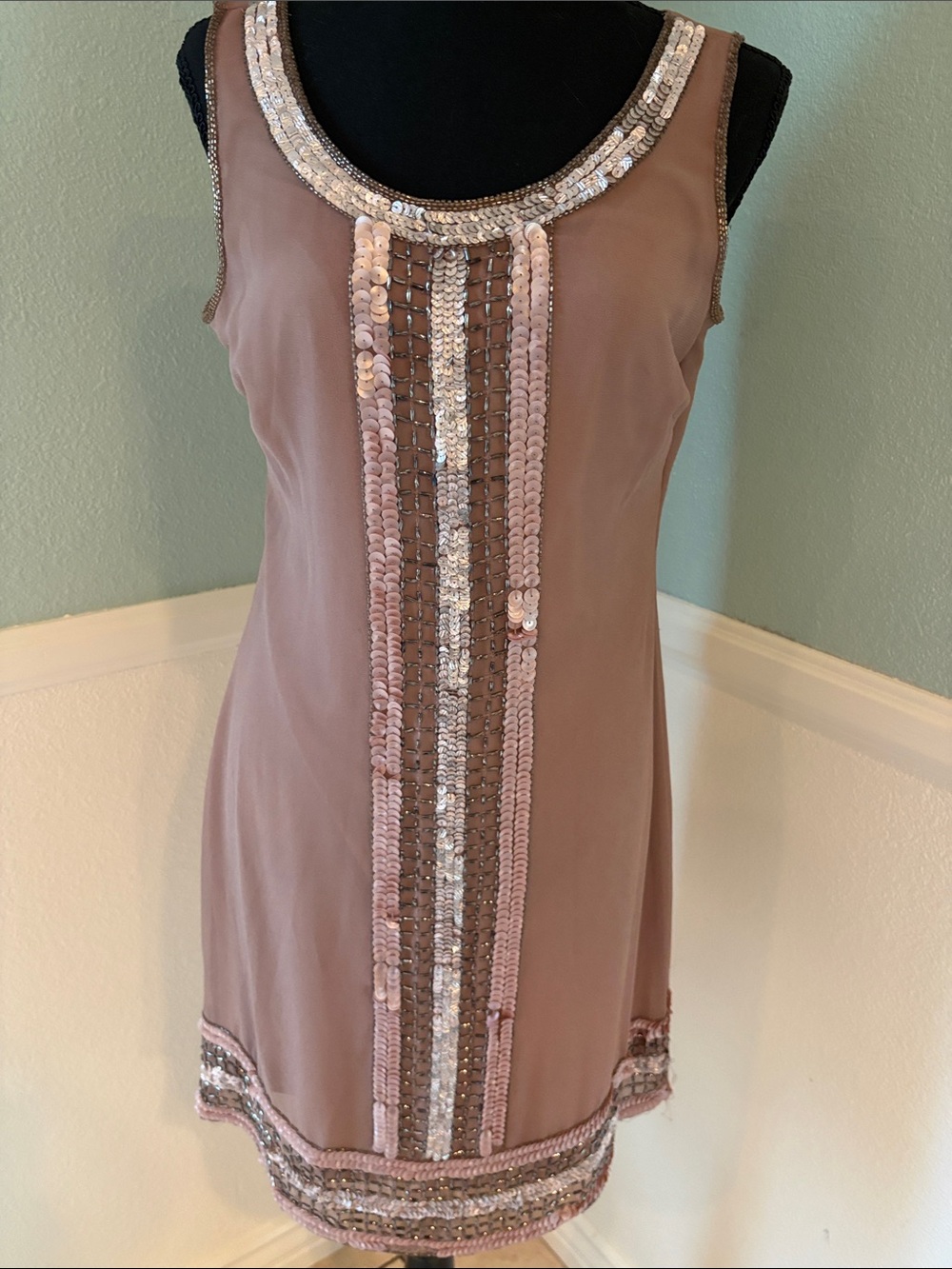 Adrianna Papell Blush Mauve Sequin-Trim Mini Dress